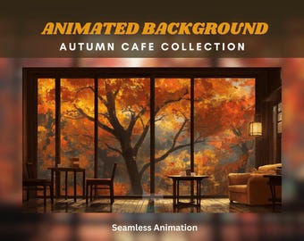 Può includere: Sfondo animato che mostra l'interno di un caffè con una grande finestra che si affaccia su una foresta autunnale colorata. Il caffè ha due sedie e un tavolo, e un divano nell'angolo. Il testo "Animated Background Autumn Cafe Collection" è visualizzato nella parte superiore dell'immagine.