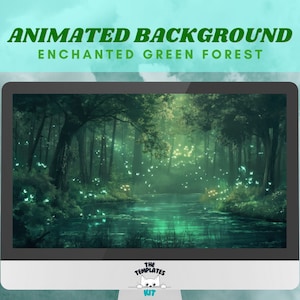 Peut inclure: Fond d'écran animé représentant une forêt verte luxuriante traversée par une rivière. La forêt est remplie de lumières scintillantes, créant une ambiance magique et envoûtante.