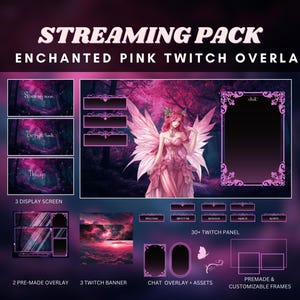 Pink twitch overlay forest pastel pink streaming pack pink animated background fairy overlay twitch asset stream package twitch panel set