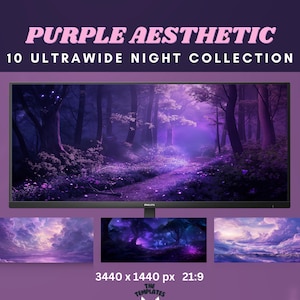 May include: A collection of 10 purple aesthetic ultra-wide night backgrounds for desktop use. The images feature a variety of scenes, including a forest path, a starry sky, and a cloudy landscape. The resolution of the images is 3440 x 1440 pixels, and the aspect ratio is 21:9.