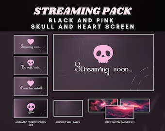 May include: A black and pink streaming pack featuring skull and heart screen designs. The pack includes animated and static screens, default wallpaper, and free Twitch banners. Text includes "Streaming Pack", "Black and Pink Skull and Heart Screen", and "Streaming soon..."