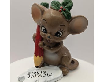 Vtg Josef Originals 'Merry Xmas' Christmas Mouse Figurine w/Foil Label 2.75"