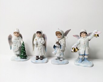 ENESCO 1986 Angels Caroling boys girls Christmas Figurines. Bells, Birds, Tree