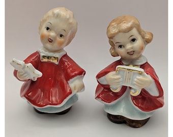 Vtg Ceramic Christmas Salt & Pepper Shakers Choir Boy  Girl 3.5" Japan 1950's