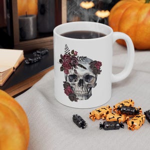Gothic Roses Skull Ceramic Mug, (11oz, 15oz)