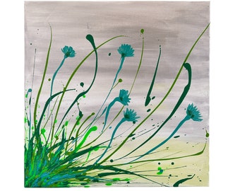 Fleur verte - Peinture acrylique artisanale 60 x 60 cm sur toile, art abstrait unique, décoration d'intérieur colorée