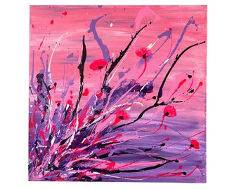 Purple Bloom - Peinture acrylique artisanale 60 x 60 cm sur toile, art abstrait unique, décoration d'intérieur colorée