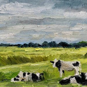 Vacas en el prado: un paisaje pastoral apacible, pintura al óleo original, regalo