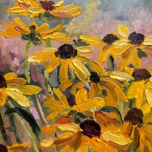 May include: An oil painting of a field of yellow coneflowers with dark brown centers. The flowers are painted with thick brushstrokes, giving them a textured appearance. The background is a soft blend of pink, green, and gray.