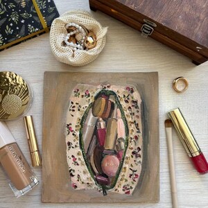 Bodegón con maquillaje vintage, neceser, cosmética decorativa, para mujer, pintura al óleo, decoración