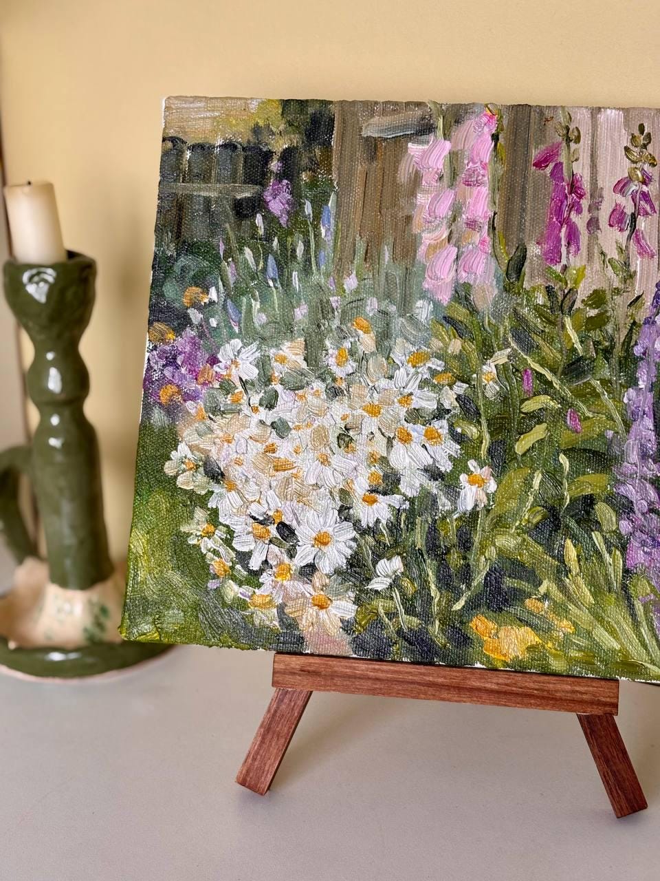 Small Garden Painting with Daisies and Foxgloves – Cottagecore Summer Floral Art, free shipping in the USA
