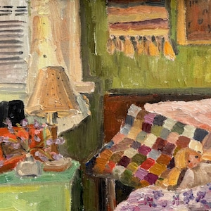 May include: An oil painting depicts a cozy interior scene. A bedside table holds a lamp with a tan shade, a small vase of flowers, and a framed picture. A patchwork quilt and a doll rest on the bed, with a green wall in the background.