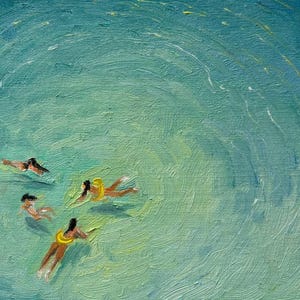 Remolino de verano: pintura al óleo original de bañistas en aguas turquesas, un divertido arte mural playero.
