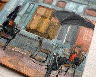 Parisian Cafe Oil Painting Original, Cozy Coffee Shop Wall Art, Small Impressionist Cityscape, Gift for Coffee Lover, Warm Interior Decor