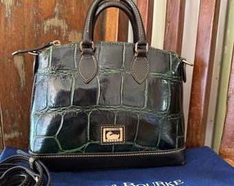 Dooney & Bourke Croc Embossed Leather Satchel Crossbody Green Black Zip Bag