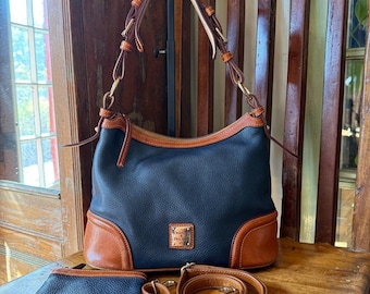 Dooney & Bourke Vintage Wexford Pebbled Leather Shoulder Hobo Bag  Navy Tan