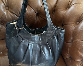 Coach XL Pleated Tote Bag Black Leather Tattersall Lining Style 12247