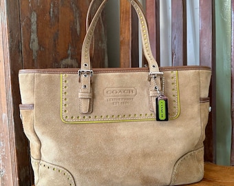 Vintage 2004 Coach Hampton Suede Tote Tan Leather Shoulder Bag