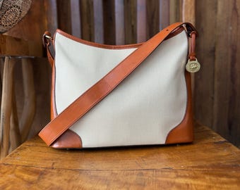 Brahmin Harbor Vintage Woven Canvas & Cognac Leather Organizer Shoulder Bag Y2K