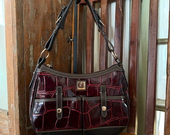 Y2K Dooney & Bourke Safari Hobo Croc Embossed Leather Burgundy Shoulder Bag XL