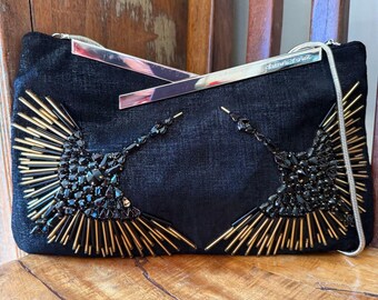 Trina Turk Miho Hand Beaded Clutch Shoulder Bag / Black Leather / Rare