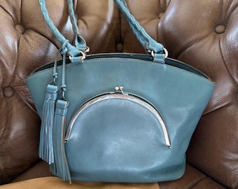 Patricia Nash Zorita Leather Tote Kiss Lock Pocket Teal Blue Dust Bag