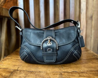 Coach Soho Black Leather Buckle Flap Shoulder Bag Contrast Stitch Y2K F10188