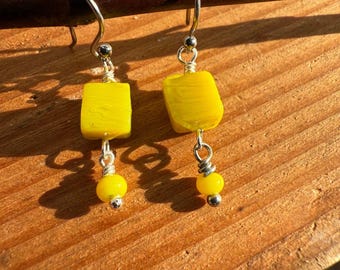 Yellow Square Glass Bead Dangle Drop Earrings with Stainless Steel Ear Wire