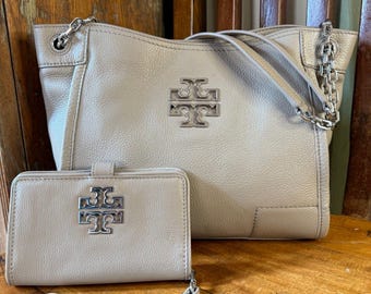 Tory Burch Britten Grey Leather Tote + Matching Wallet