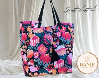 Floral Large Tote Bag vibrant Pink bag Shoulder bag with Strap everyday bag Beach tote bag Large mum bag Cotton Canva Tote Handmade Bag