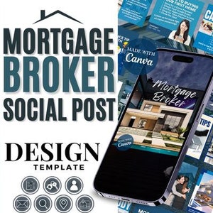 Könnte beinhalten: Werbebild für einen Hypothekenmakler mit einem Smartphone, das ein modernes Wohndesign zeigt. Das Bild enthält den Text "Mortgage Broker Social Post Design Template" und verschiedene Symbole. Zusätzliche Marketingmaterialien sind sichtbar.