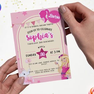 Convite de aniversário da Barbie - Modelo de festa dos sonhos editável para meninas de qualquer idade