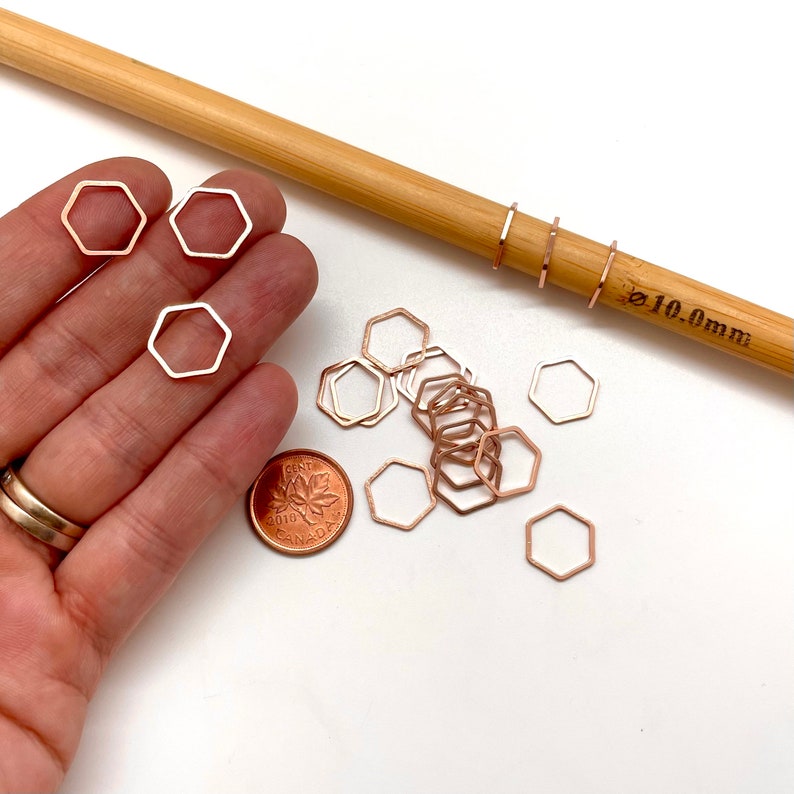 20 ROSE GOLD HEXIS Set of 20 Closed Ring Hexagon Knitting Stitch Markers 12 mm