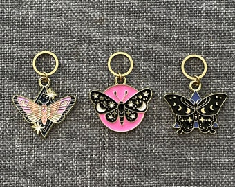 MYSTIC MOTHS Enamel Trio - Set of 3 Knitting Stitch Markers - 10 mm gold rings