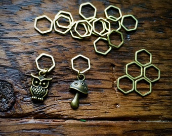 Choose Your Own Charms! - Set of 20 HEXAGON Knitting Stitch Markers with 2 charms - 10 mm gold hexi-rings