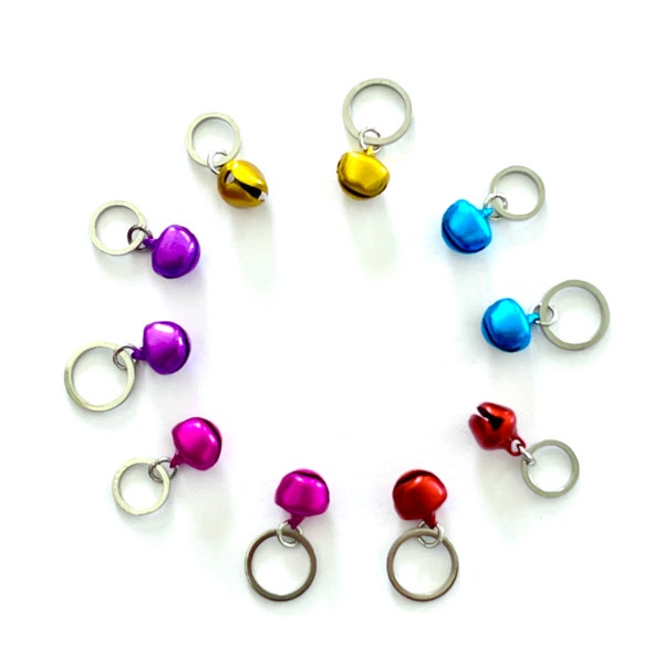 Colourful Jingle Bells - Set of 10 Knitting Stitch Markers - 8 mm + 10 mm silver rings