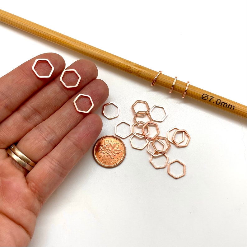 20 ROSE GOLD HEXIS Set of 20 Closed Ring Hexagon Knitting Stitch Markers 10 mm