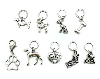 DOG PERSON - Set of 9 Knitting Stitch Markers - 8 x 10 mm silver rings + 1 x Progress Keeper