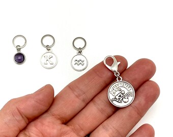 CHOOSE YOUR OWN Zodiac, Initial & Birthstone Charms - Custom Set of 4 Knitting Stitch Markers - 3 x 10 mm silver rings + 1 x Progress Keeper