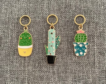 POTTED and PRICKLY Enamel Trio - Set of 3 Knitting Stitch Markers - 10 mm gold rings