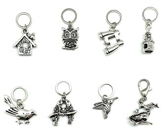 BIRD WATCHER - Set of 8 Knitting Stitch Markers - 7 x 10 mm silver rings + 1 x Progress Keeper