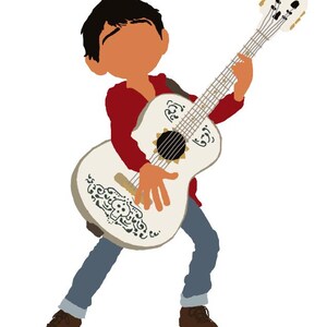 K&ouml;nnte beinhalten: Illustration eines Charakters, der eine wei&szlig;e Gitarre mit schwarzen Akzenten spielt. Die Figur tr&auml;gt ein rotes Hemd, blaue Jeans und braune Schuhe. Die Gitarre hat ein schwarzes Schallloch und dekorative Muster.