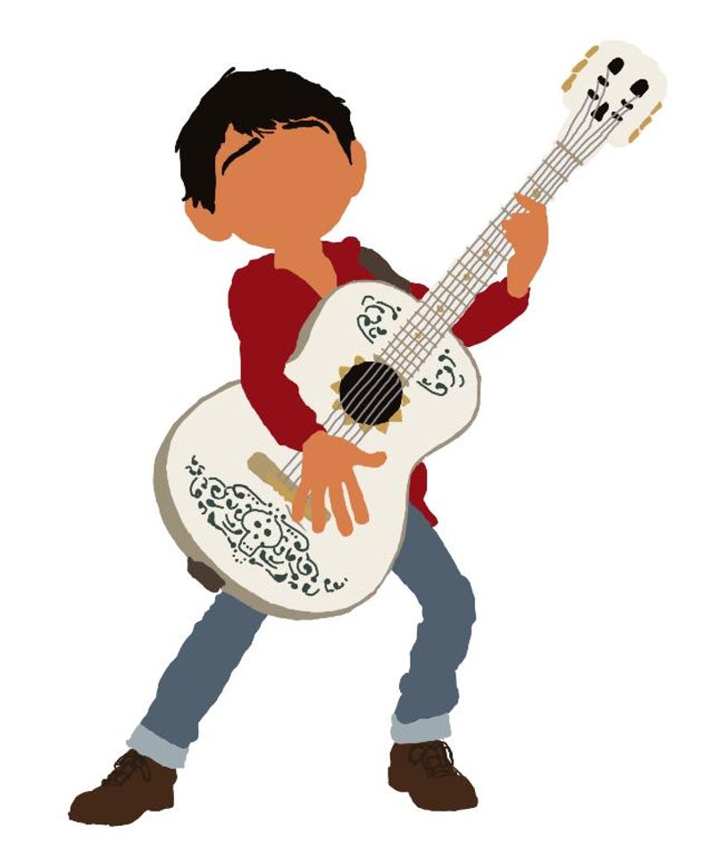 K&ouml;nnte beinhalten: Illustration eines Charakters, der eine wei&szlig;e Gitarre mit schwarzen Akzenten spielt. Die Figur tr&auml;gt ein rotes Hemd, blaue Jeans und braune Schuhe. Die Gitarre hat ein schwarzes Schallloch und dekorative Muster.