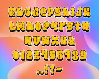 May include: A yellow alphabet and number font with a retro, bubble-like style. The letters and numbers are outlined in black and have a slightly 3D effect.