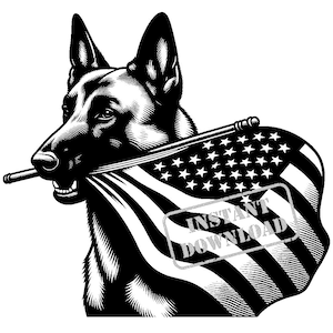 May include: Black and white illustration of a German Shepherd dog holding an American flag in its mouth. The flag has stars and stripes, with the words "INSTANT DOWNLOAD" stamped across it.