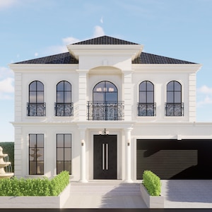 11 x 25 m Huisplattegrond met 5 slaapkamers en 2 verdiepingen - Franse provinciale stijl - 15 m breed smal perceel - 450 m² - pdf en CAD