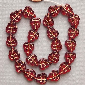25 Czech Transparent Siam Red Etched Gold Vein Pattern Glass Leaf, Leaves Beads