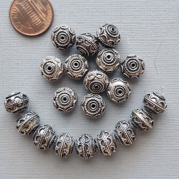 1 Vintage Bali .925 Sterling Silver Round Bead, Approx. 11x9mm Average Size, Handmade Wire Decorated Design