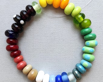 American Artisan Lampwork Glass Bead Rondelle Spacer Assortment, 35 Beads, Green,Blue, Tan, Yellow, Burgundy, Opaque, Transparent