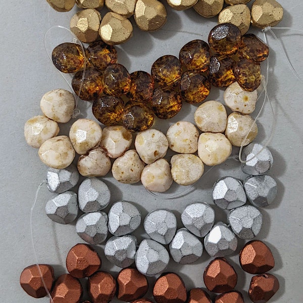 Choice of 1 Lot of 15 Czech Glass Briolette Faceted Beads Drilled Across Top, Gold,Travetine,Honey Drizzle,Aluminum, Bronze Fire Red(copper)